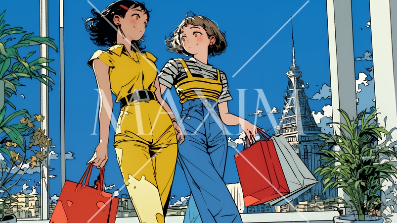 女友達と一緒にショッピングモールを歩き回る若い女性