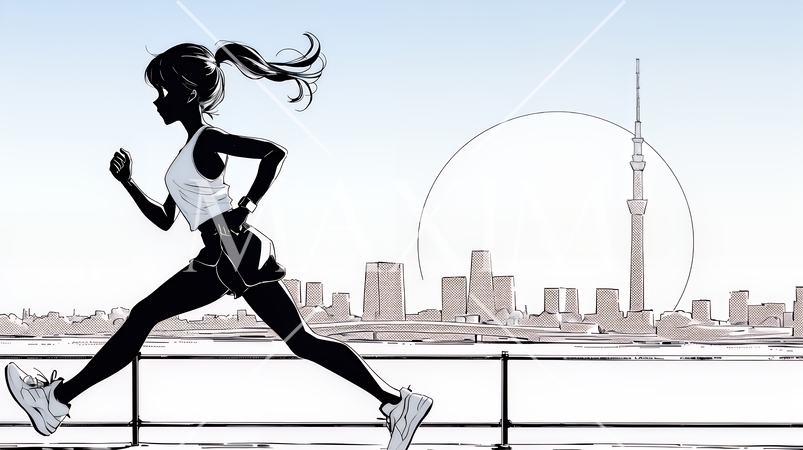 夕方の街並みを背景にジョギングをする若い女性（シンプルな色使い）