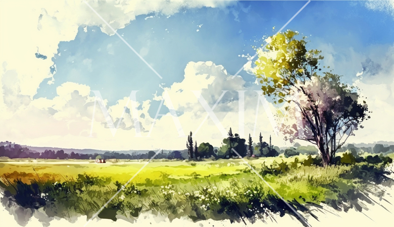 草原と青空を水彩画で表現