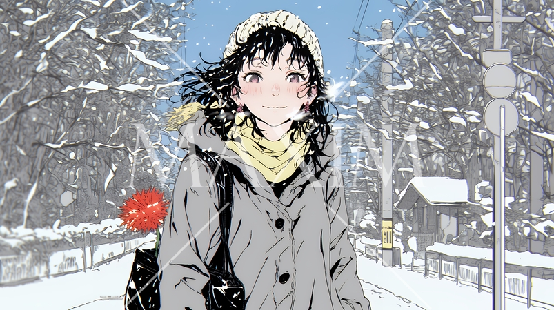 雪の積もる田舎道を歩いている若い女性