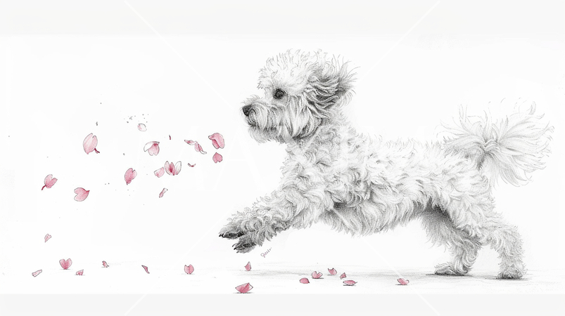 桜の花びらと戯れているトイプードル