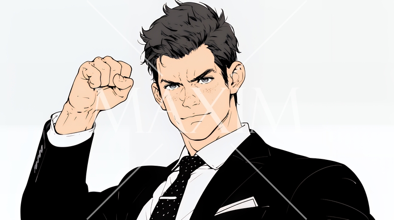ガッツポーズ（拳を握って力強く）をしているビジネスマン（シンプルな色使い）
