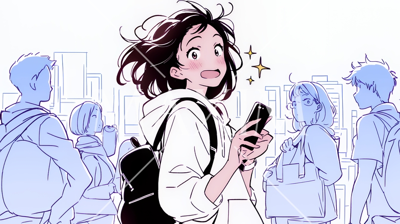 スマホの画面を見て驚いている若い女性（シンプルな色使い）