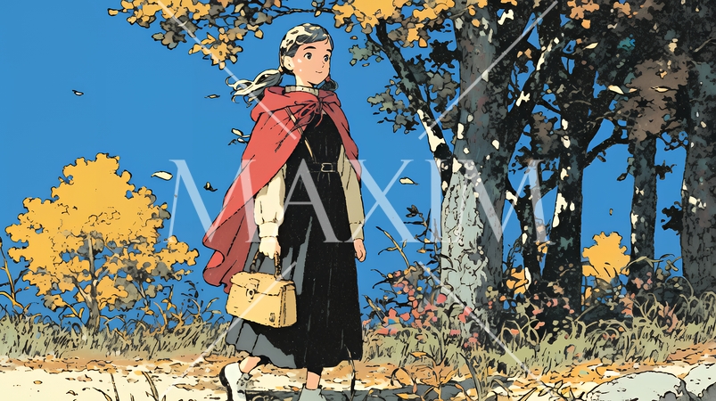 紅葉の小径を歩く若い女性