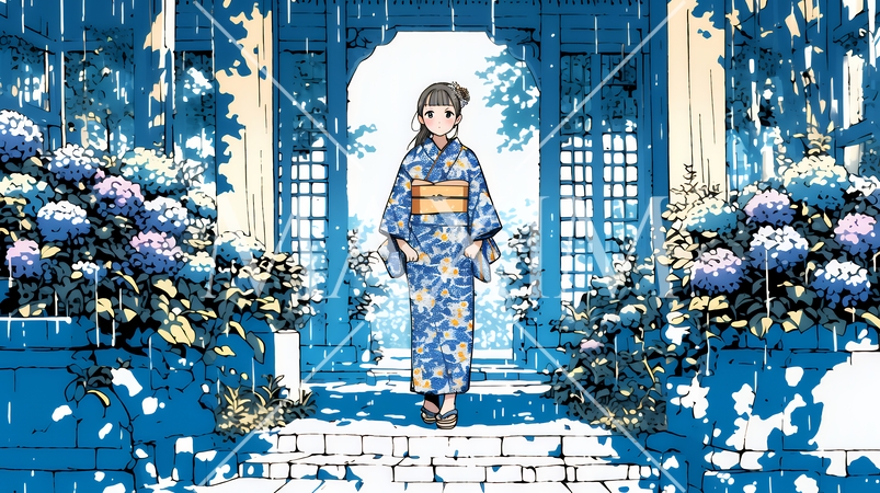 あじさいの小径を和服で歩く若い女性