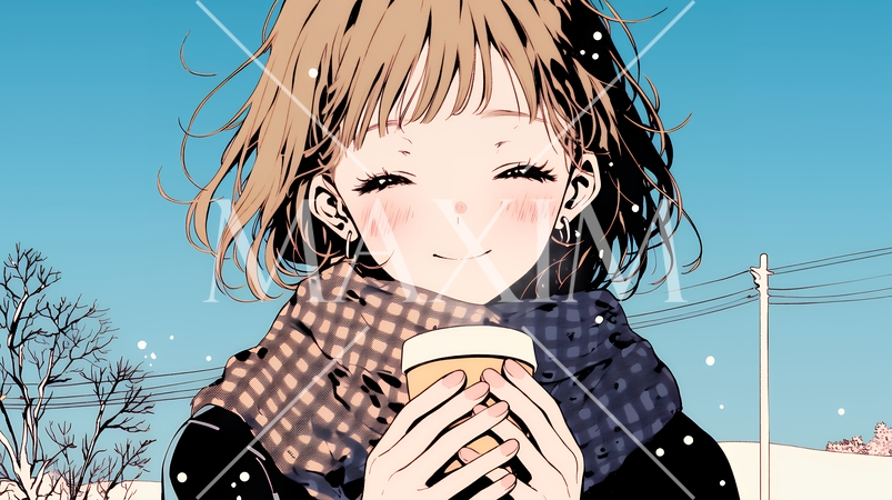 寒い冬、温かい飲み物を手にして、ふっと幸せそうに微笑む若い女性