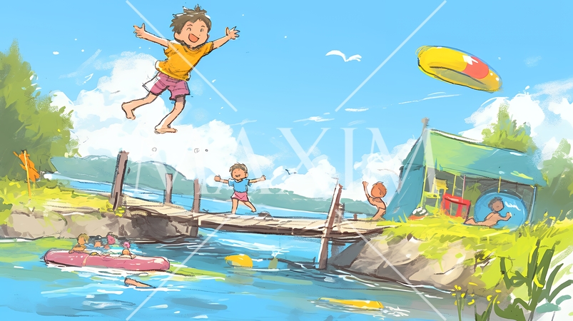 小学生の夏の思い出：水辺で遊んだ（クレヨン＋水彩画風）