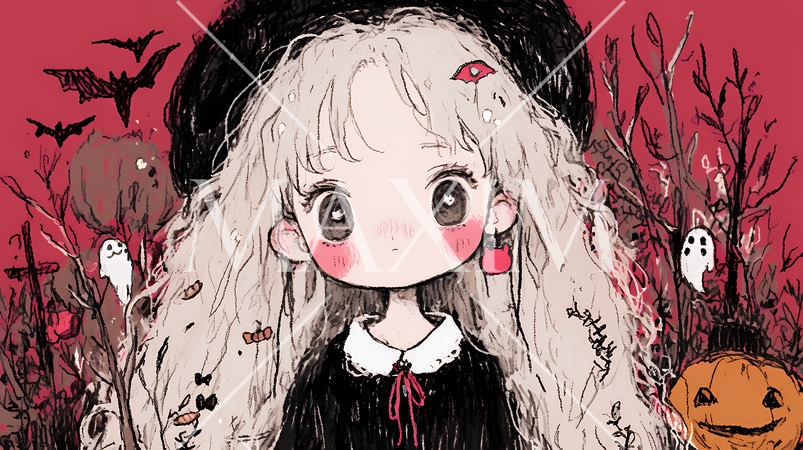 キモかわいいハロウィーンコスプレの女の子（クレヨンと水彩画風）