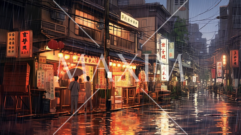 大雨の街角：大雨に見舞われた街の様子の水彩画