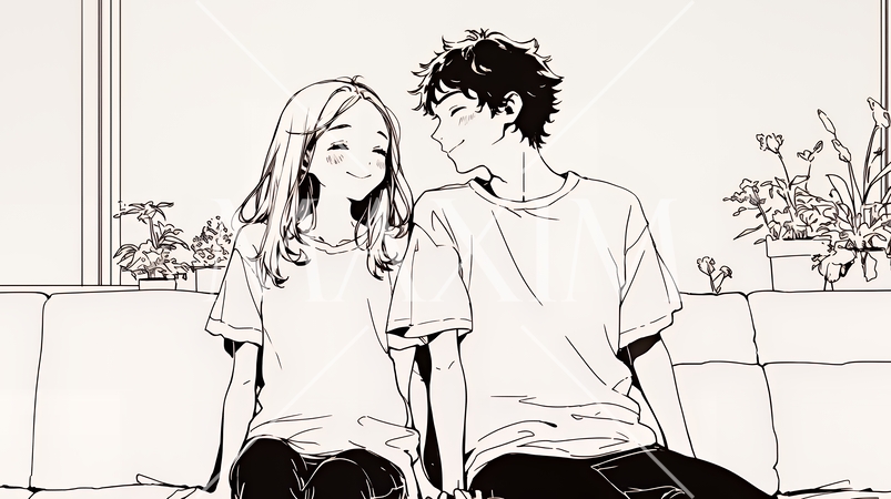 幸せそうなカップル：リビングルームて談笑（シンプルな色使い）