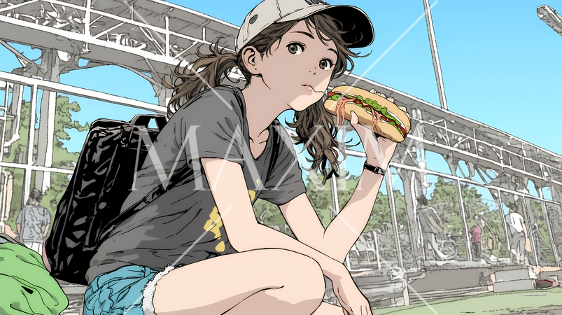 野球などの屋外スポーツを観戦しながら、ホットドッグを頬張る若い女性。