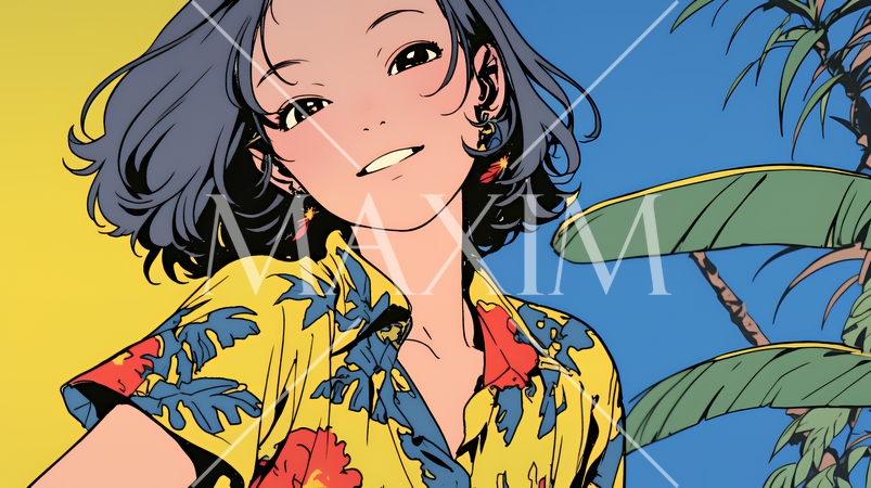 沖縄のかりゆしファッションを着て笑顔いっぱいの若い女性