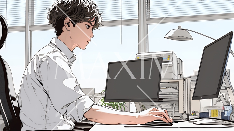 職場のデスクでパソコンに向かって仕事をしているビジネスマン