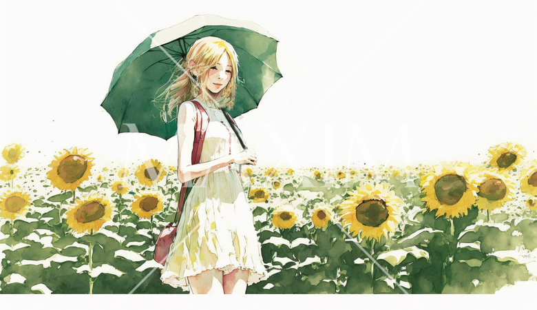 ひまわり畑で日傘を差して散歩している女性