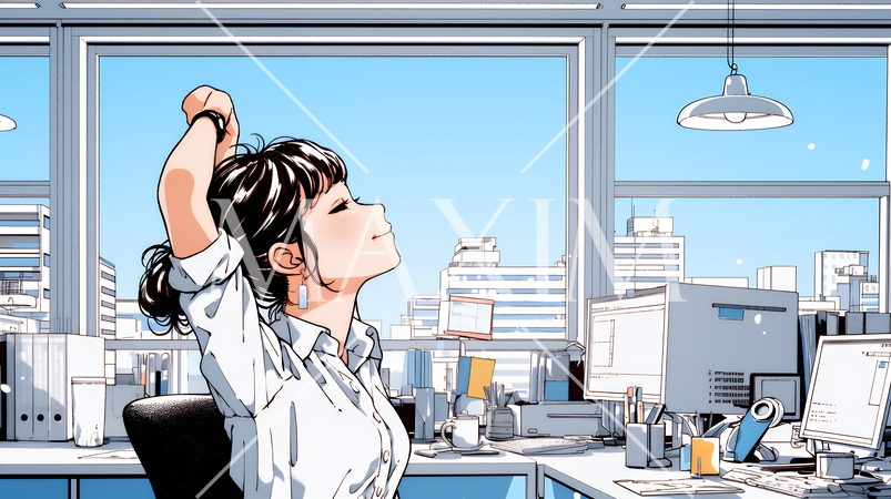 仕事の合間にストレッチ（伸び）をする女性