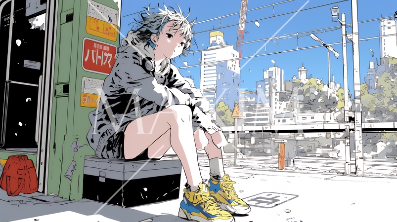 駅のプラットフォームに腰掛けて考え事をしている若い女性