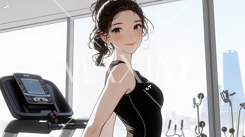 休日にジムで軽く運動する若い女性（シンプルな色使い）