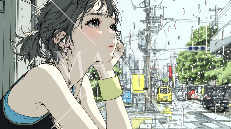 思案・反省・諦め? 窓から流れ落ちる雨粒を見つめる若い女性