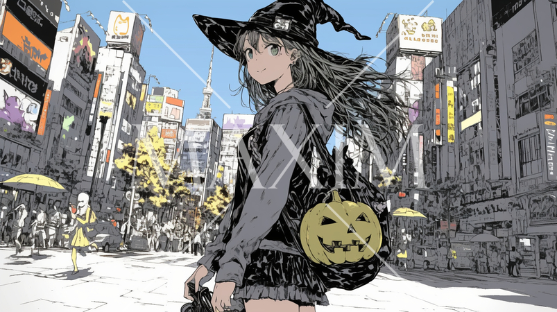 仲間とハロウィンイベントに参加する若い女性