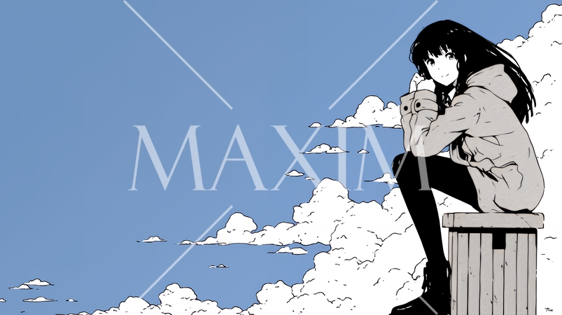 青い空と白い雲と考え事をしている女性のコピースペースのある背景画