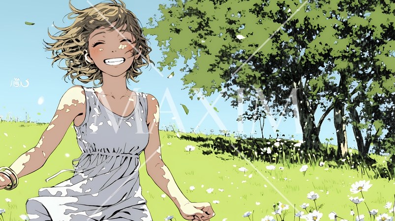 喜びにあふれ、軽やかにスキップする若い女性