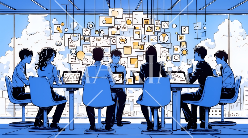 ITビジネスとクラウド技術のコンセプト｜ノートPCで働くチームとデータネットワークのイメージ