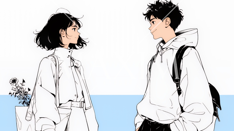 希望に満ちたライフスタイルを過ごす若いカップル：未来を見つめている（シンプルな色使い）