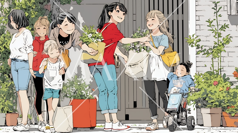 道端で会話を楽しむ若い主婦たち（ママ友たち）