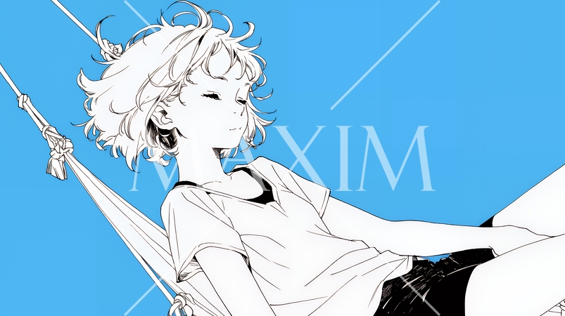 青い空と青い海とハンモックと若い女性（シンプルな色使い）