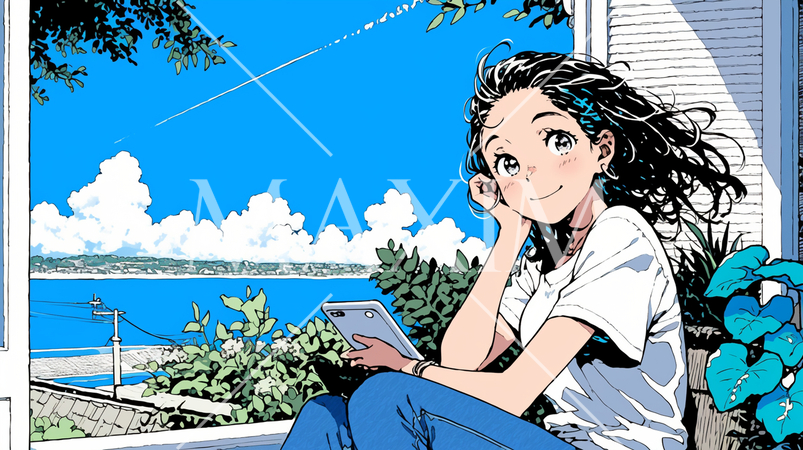 沖縄の海辺でスマートフォン・タブレットを操作している若い女性