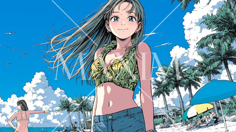 南国の海岸にビキニ姿でいる若い女性