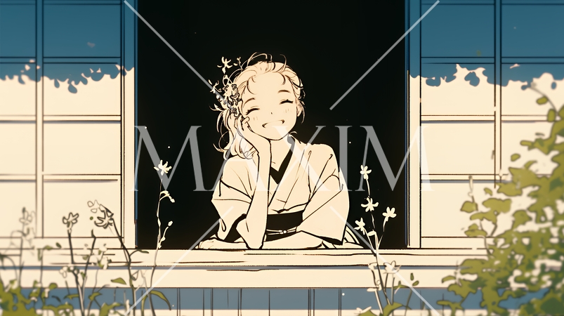 浴衣姿で夕涼みをしている若い女性（シンプルな色使い）