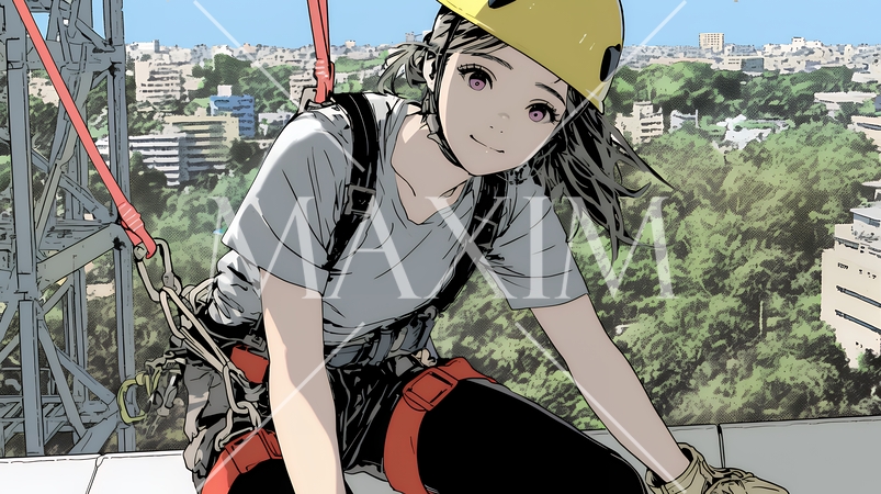 高所で作業をしている女性作業員