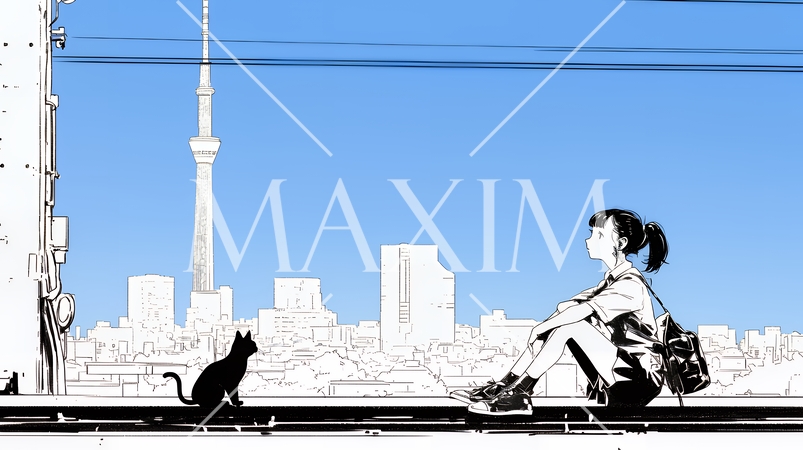 若い女性が佇む都市の街角（シンプルな色使い）