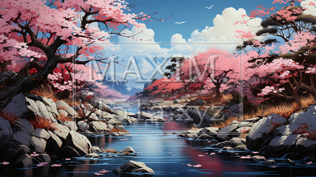 桃源郷：桃・梅・桜の花が咲き乱れる里（イラストID:8259906-20016）