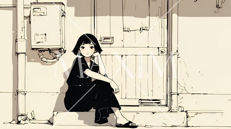 若い女性が佇む都市の街角（シンプルな色使い）