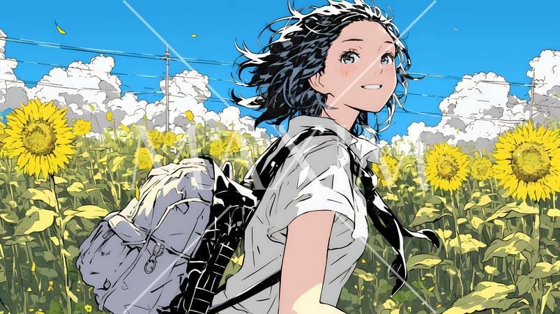 真夏の青空のもと、ヒマワリ畑を散策している若い女性