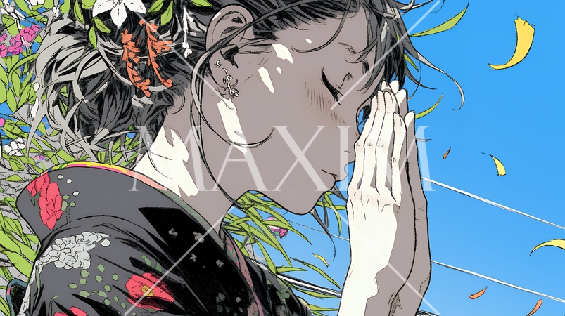 手を合わせてお祈りをしている和服姿の若い女性