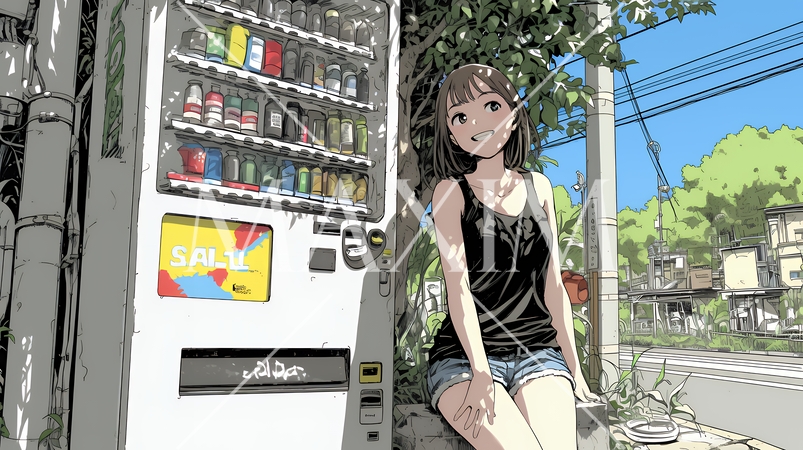 自動販売機で飲み物を購入する若い女性｜日常・ライフスタイル・屋外シーン