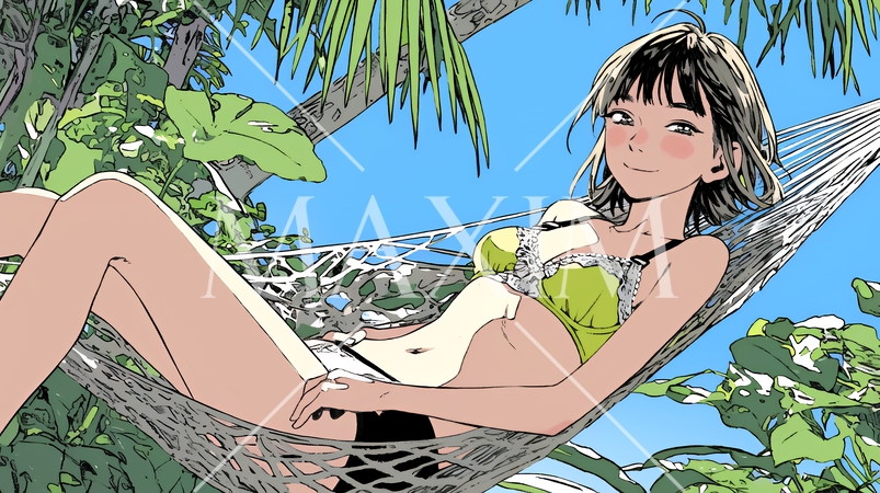 沖縄の青空の下、下着姿でハンモックで休んでいる若い女性