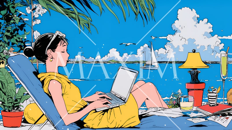 ワーケーション：休暇を楽しみながら仕事をしている女性