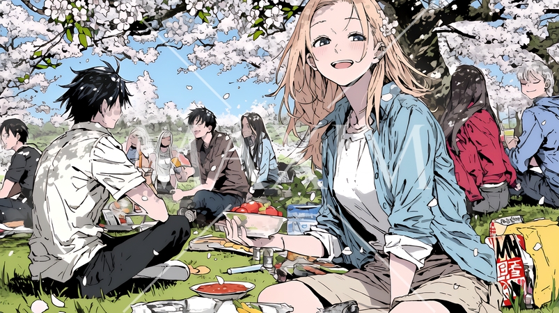 満開の桜の下で仲間たちと花見宴会