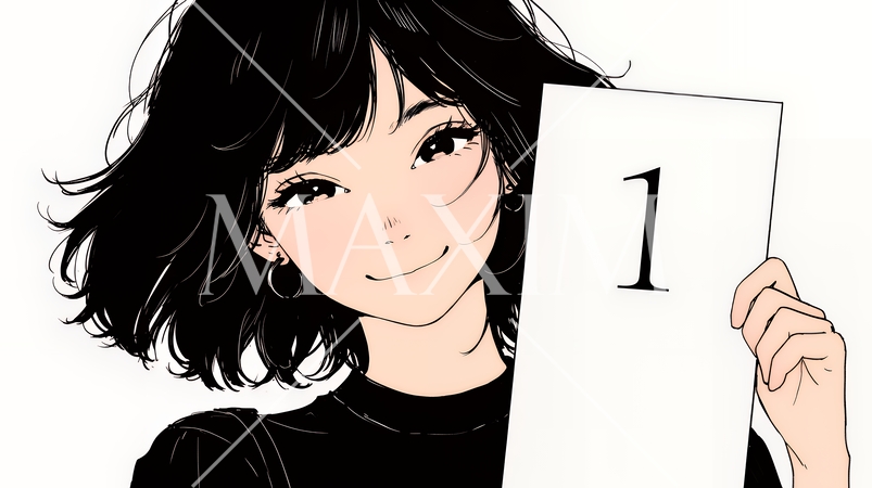 数字の「1」を掲げている若い女性（シンプルな色使い）
