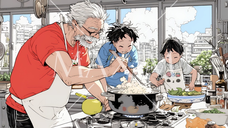 おじいさんが孫と一緒に料理を楽しそうに作っている