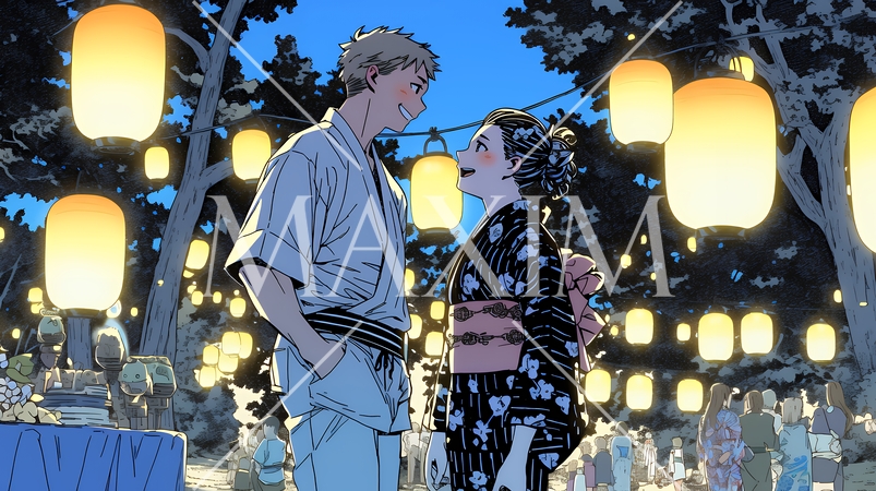 縁日屋台が立ち並び、賑わいを見せる祭りの夜