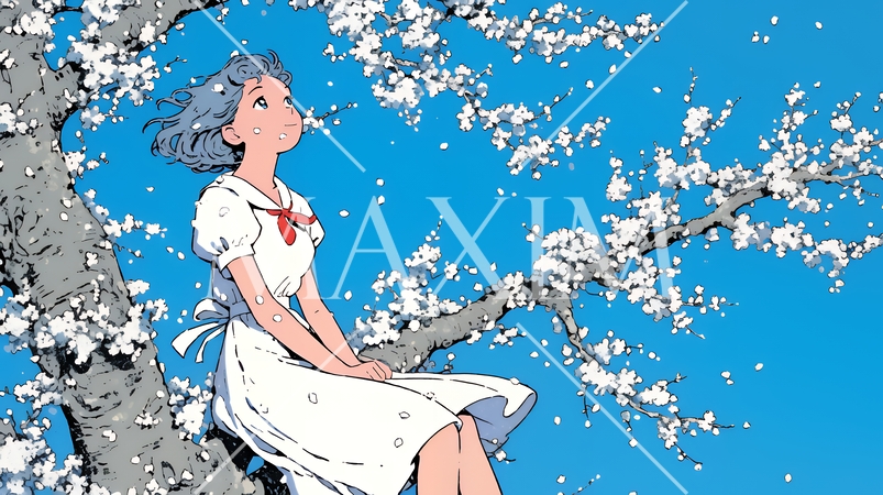 満開の桜の木の下を歩く若い女性