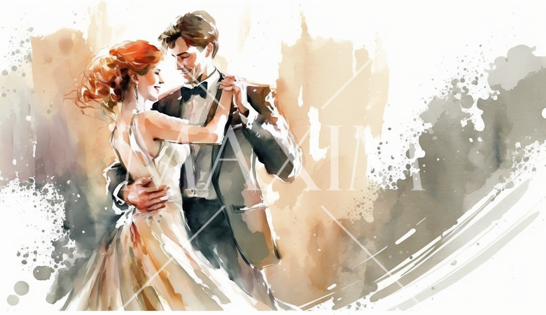 ウェディングダンス： 新郎新婦がボールルームダンスを踊る場面。華やかでロマンチックな雰囲気。