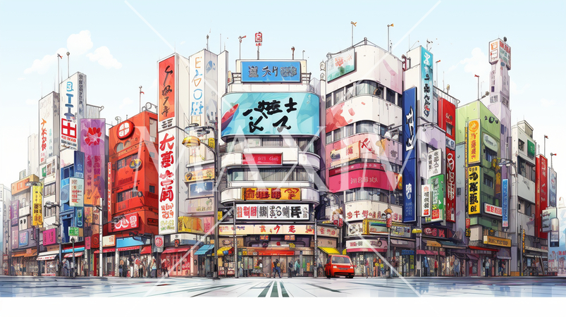 昼の秋葉原のビルの街並みの水彩画