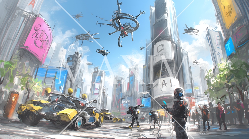 無数のドローンが飛び交うAIにより支配された近未来の都市