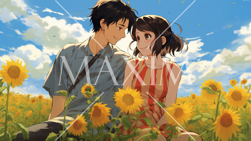 ひまわり畑の中で見つめ合う若い男女の恋人達